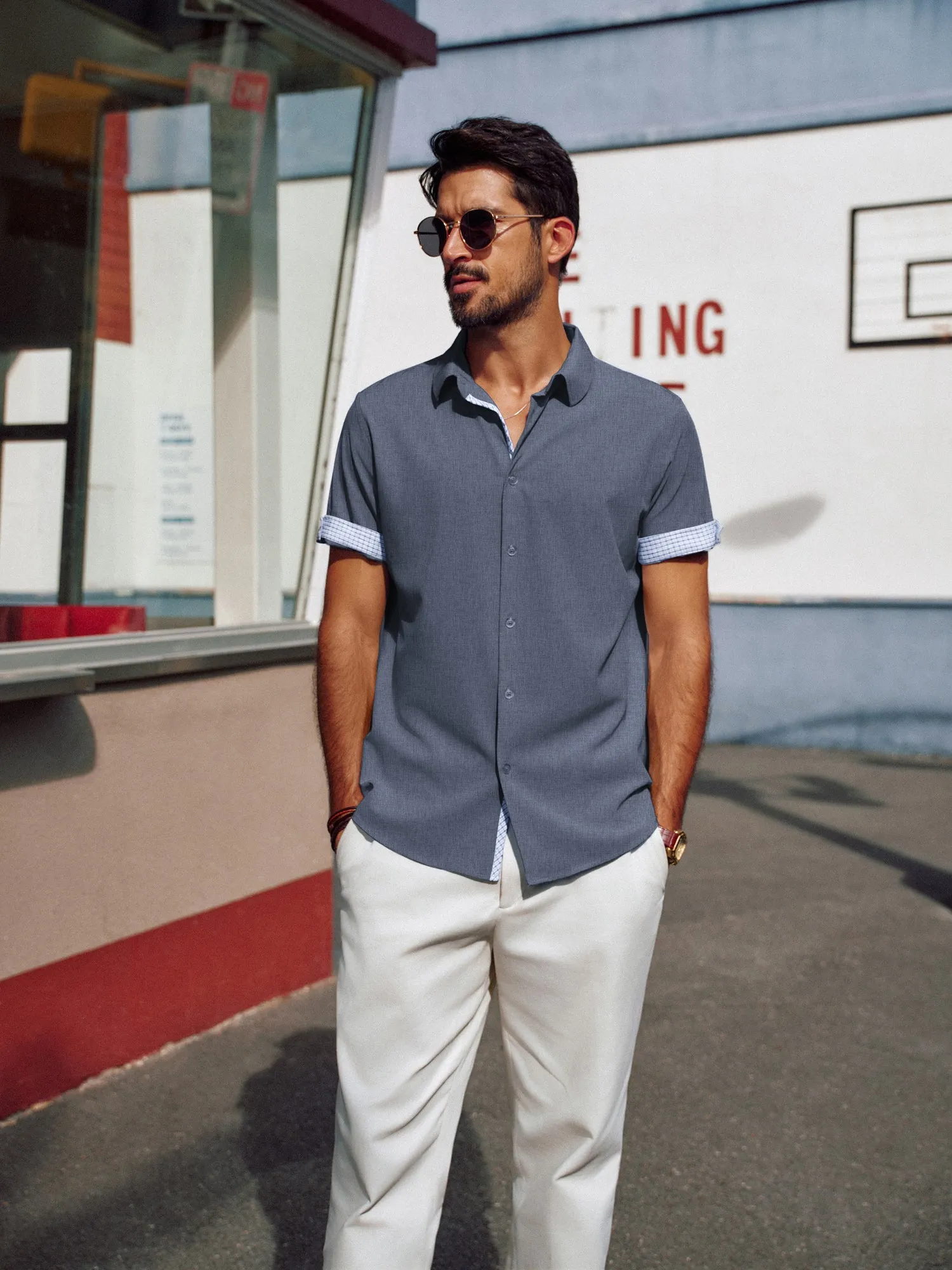 Men Curved Hem Shirt Casual Short Sleeve Classic Collar Button-up Tops