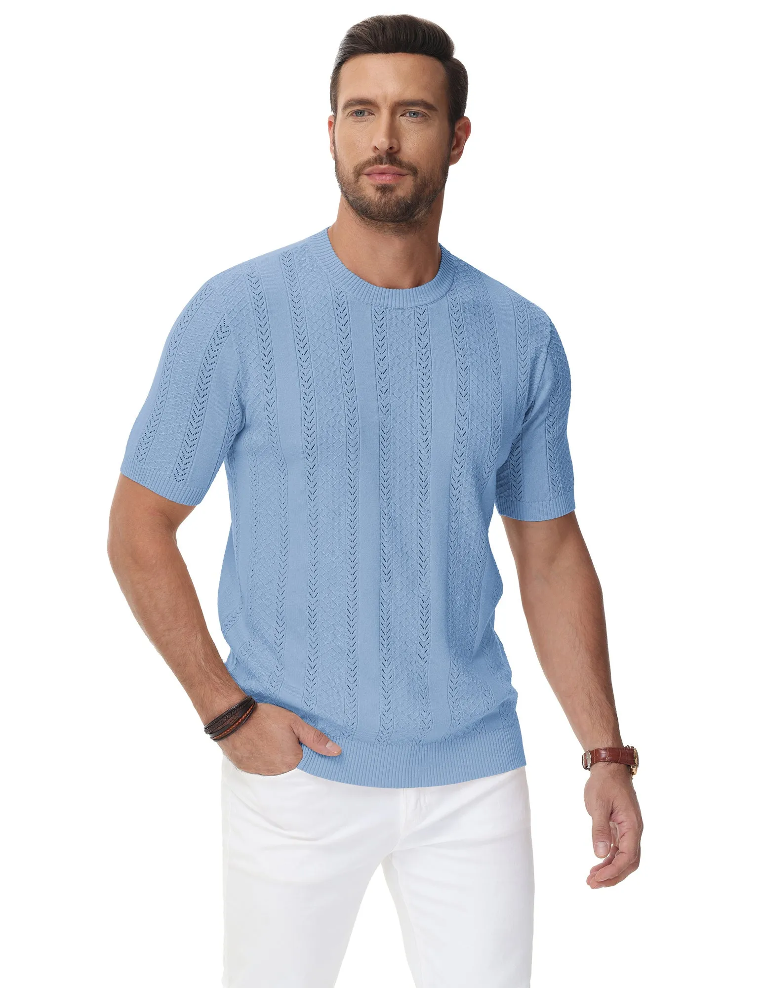 Men's Casual Knit Short Sleeve Crewneck Hollow Out Knitted Pullover T-Shirts