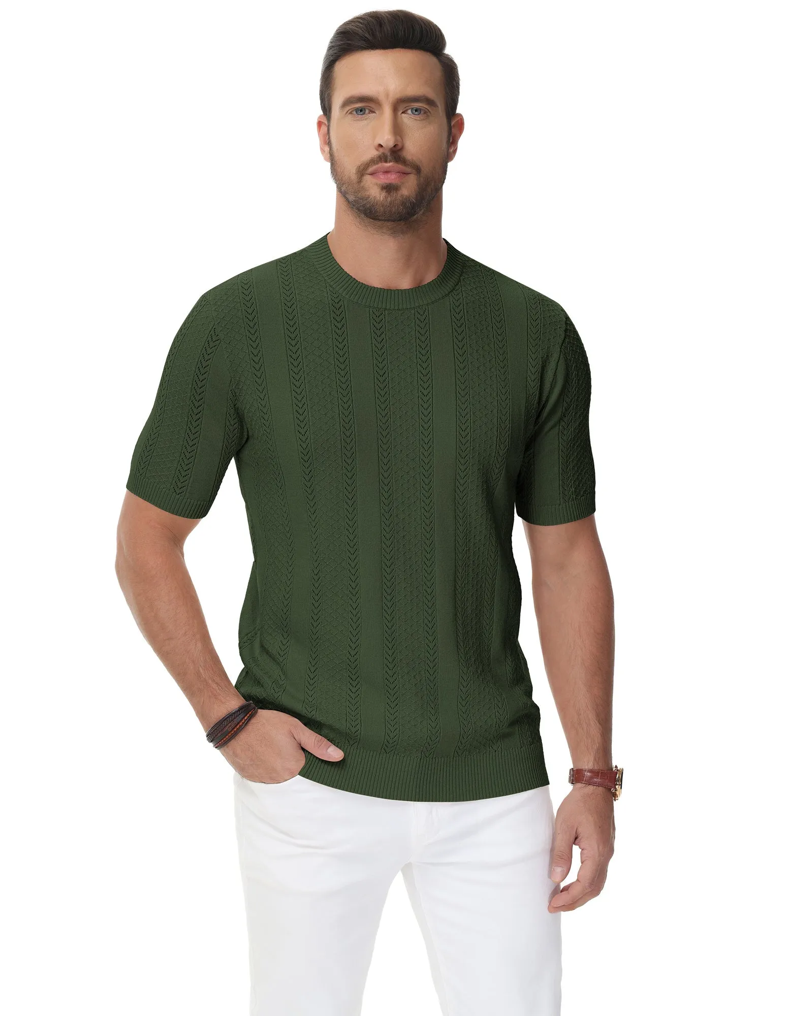 Men's Casual Knit Short Sleeve Crewneck Hollow Out Knitted Pullover T-Shirts