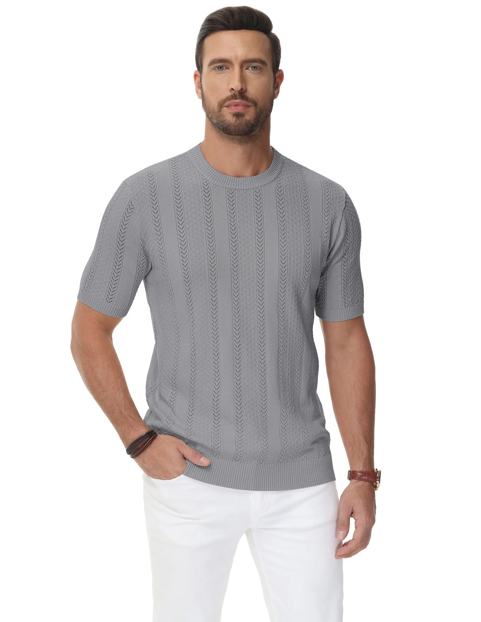 Men's Casual Knit Short Sleeve Crewneck Hollow Out Knitted Pullover T-Shirts