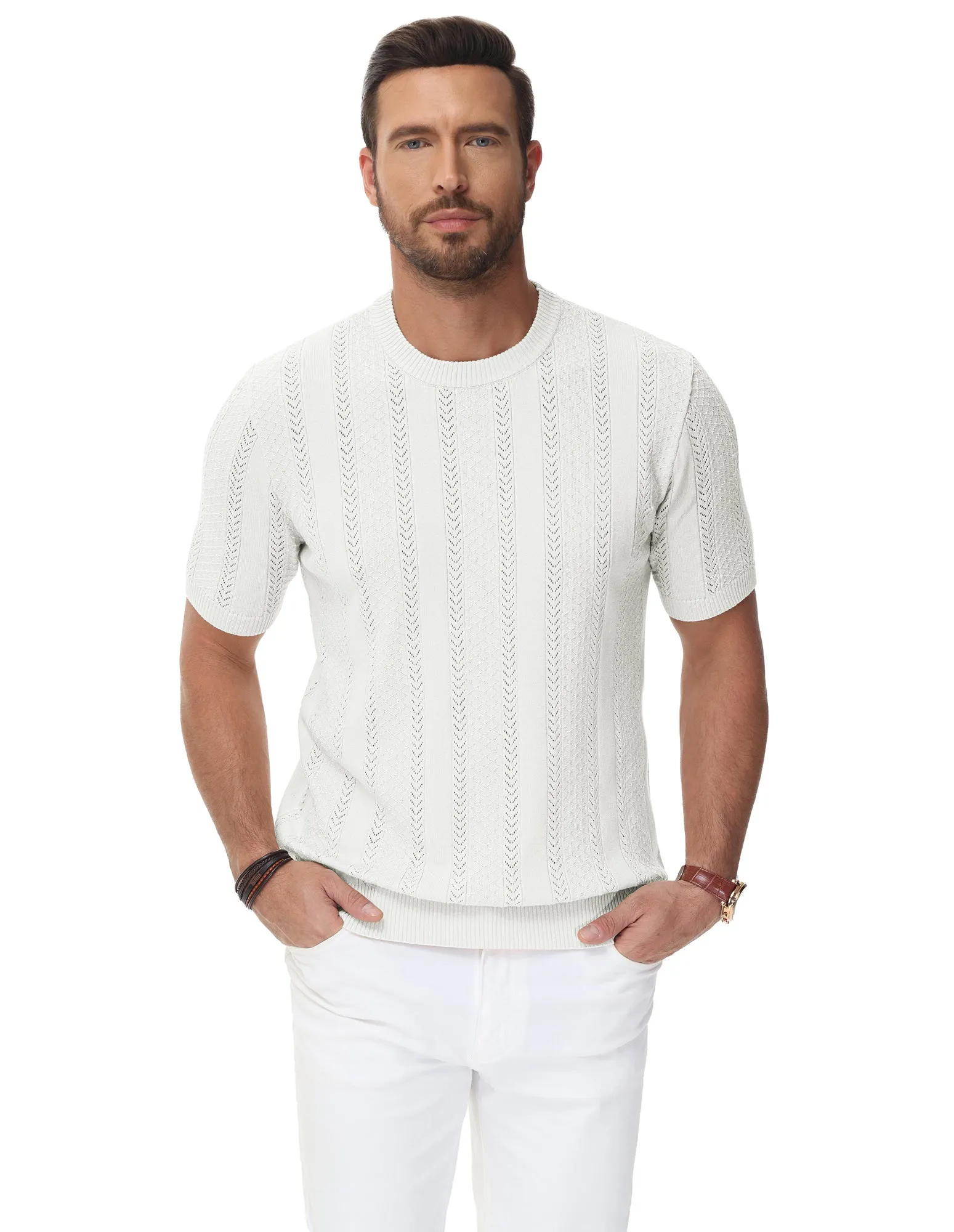 Men's Casual Knit Short Sleeve Crewneck Hollow Out Knitted Pullover T-Shirts