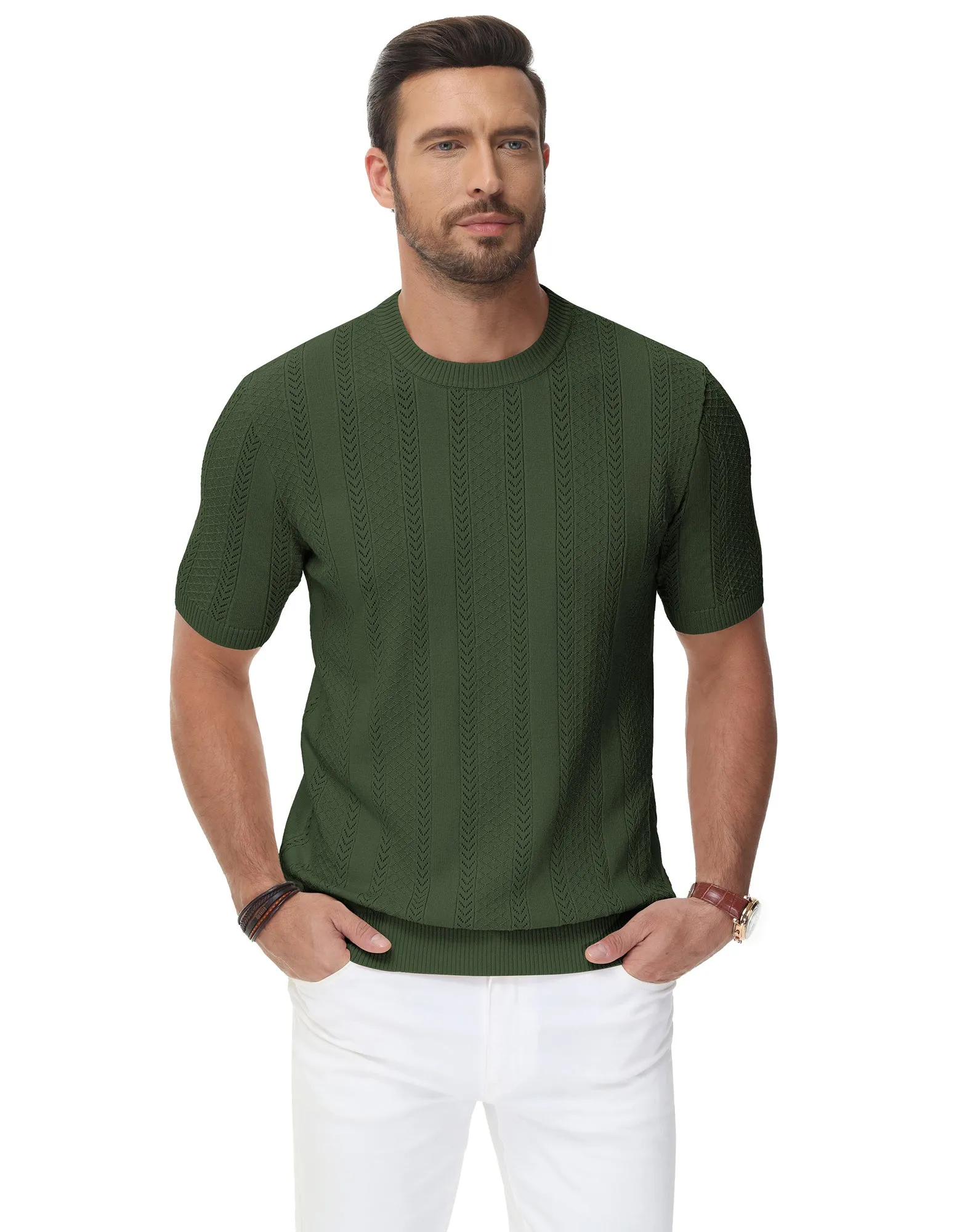 Men's Casual Knit Short Sleeve Crewneck Hollow Out Knitted Pullover T-Shirts