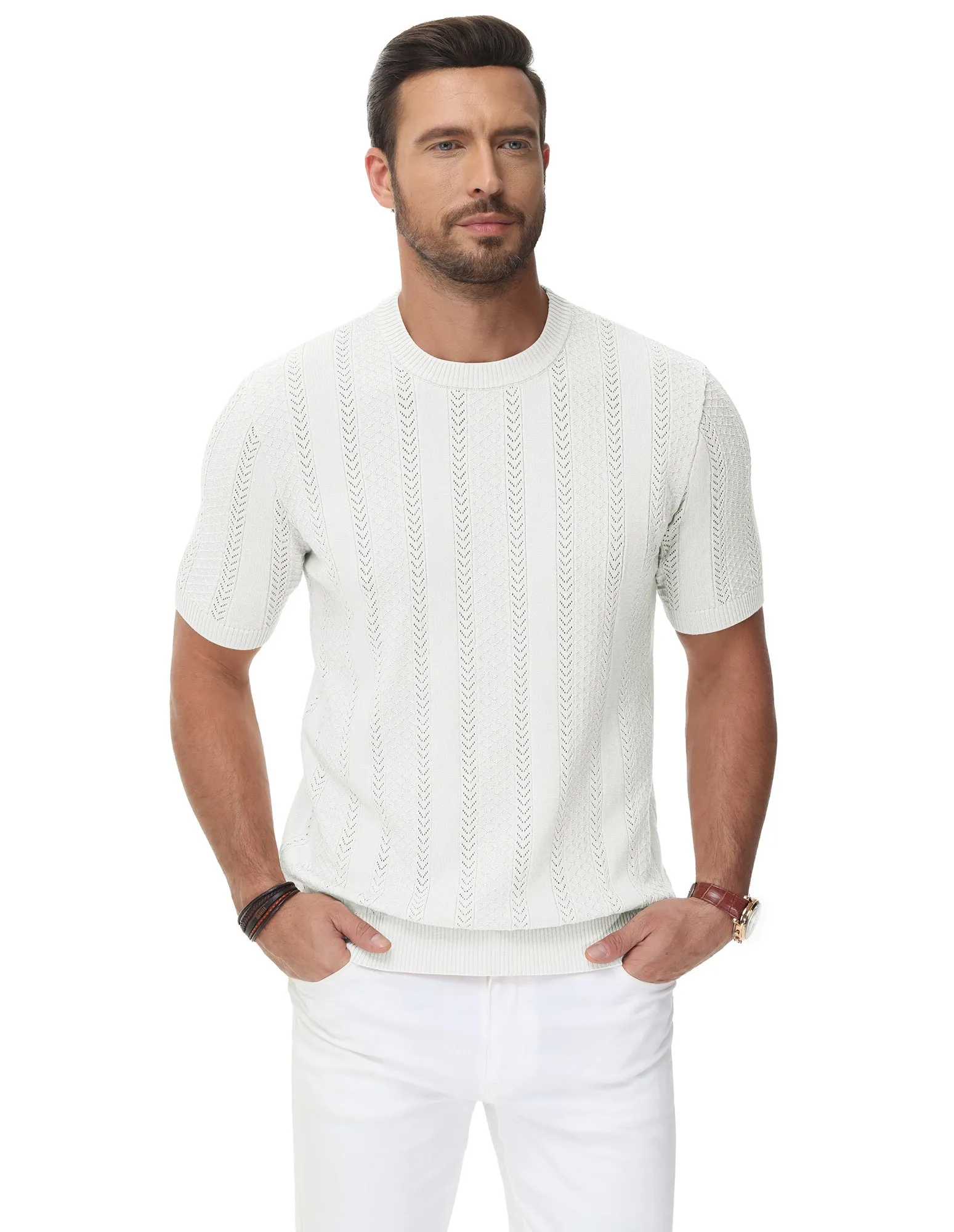 Men's Casual Knit Short Sleeve Crewneck Hollow Out Knitted Pullover T-Shirts