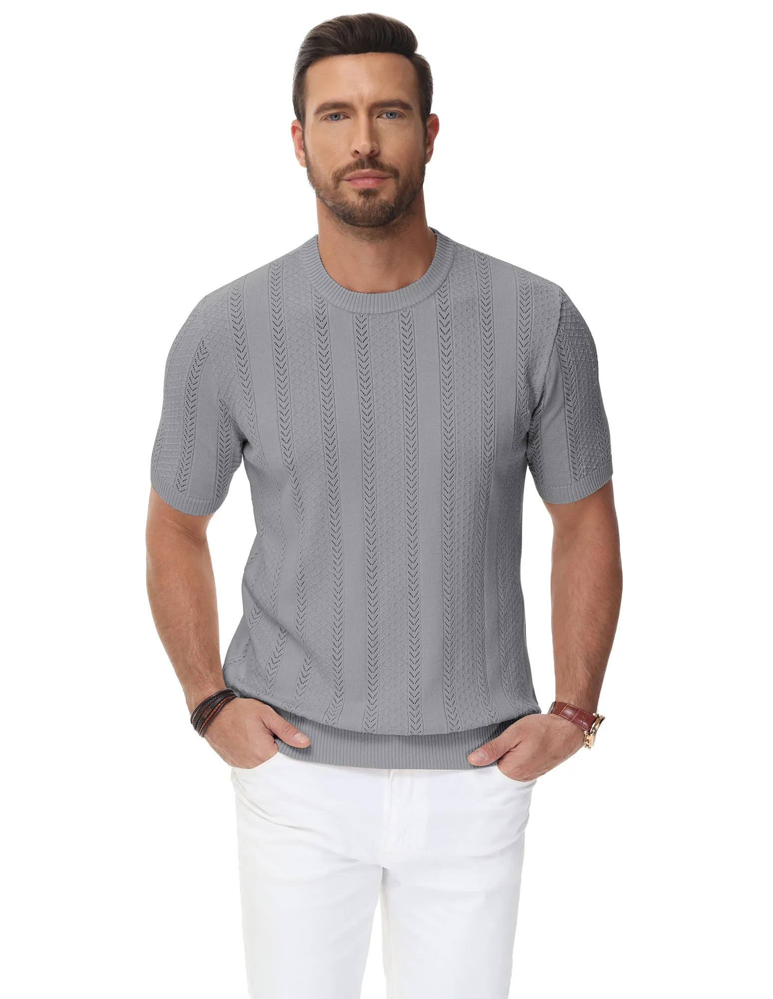 Men's Casual Knit Short Sleeve Crewneck Hollow Out Knitted Pullover T-Shirts