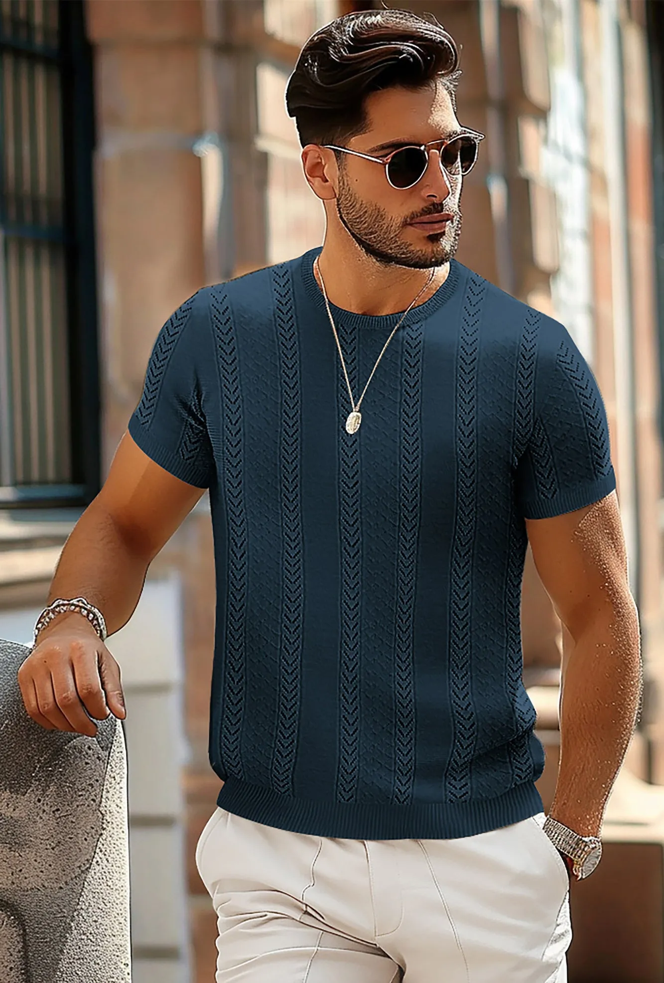 Men's Casual Knit Short Sleeve Crewneck Hollow Out Knitted Pullover T-Shirts