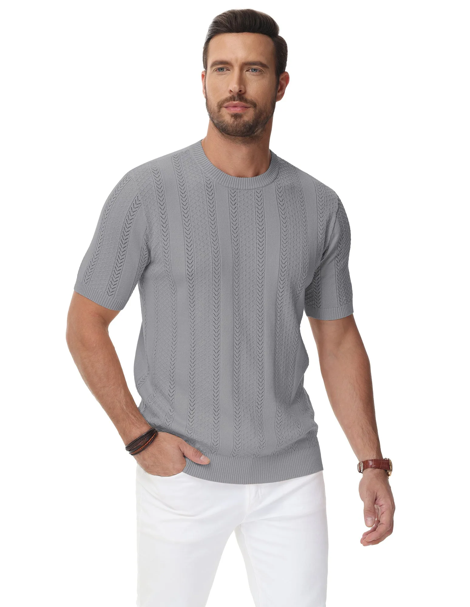 Men's Casual Knit Short Sleeve Crewneck Hollow Out Knitted Pullover T-Shirts