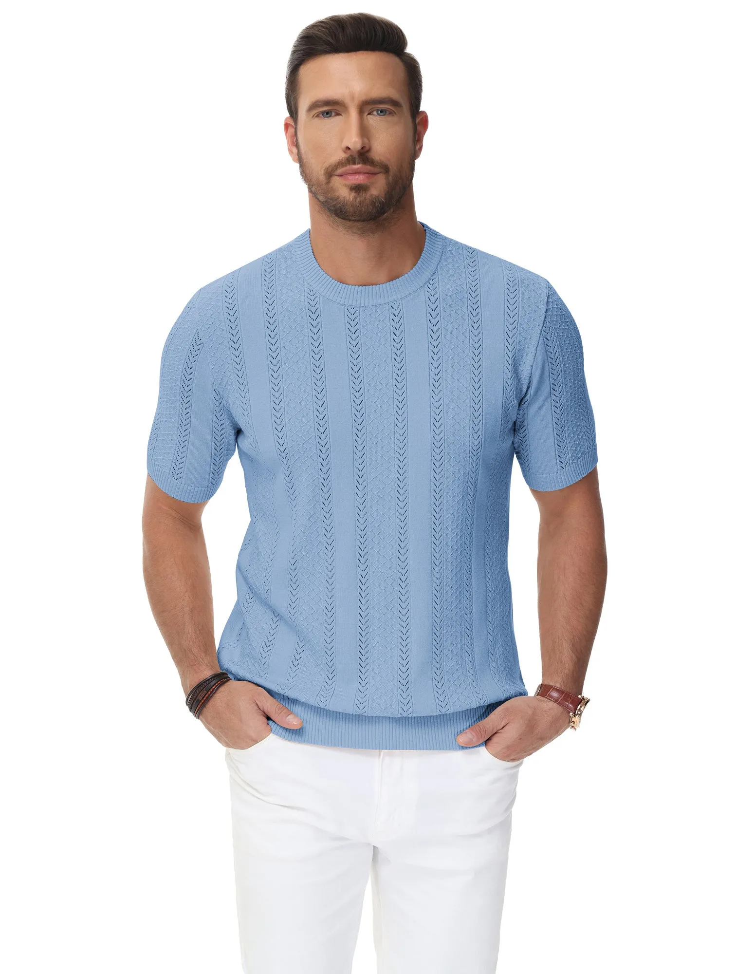 Men's Casual Knit Short Sleeve Crewneck Hollow Out Knitted Pullover T-Shirts