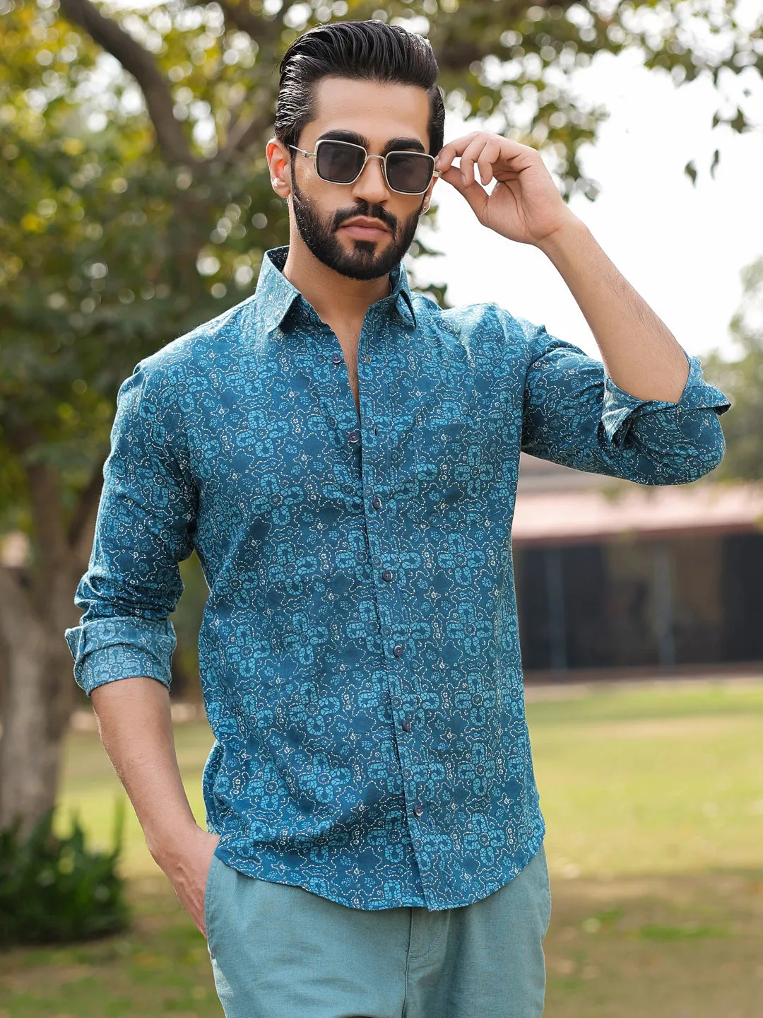 Men's Floral Print Pure Cotton Teal Casual Shirt