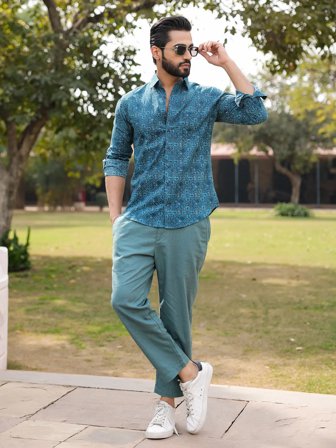 Men's Floral Print Pure Cotton Teal Casual Shirt