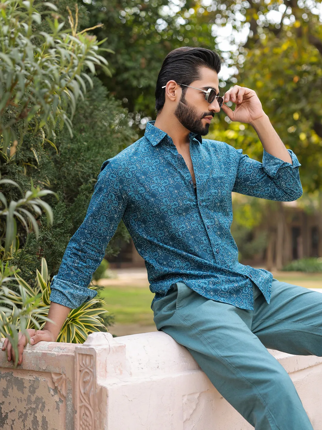 Men's Floral Print Pure Cotton Teal Casual Shirt