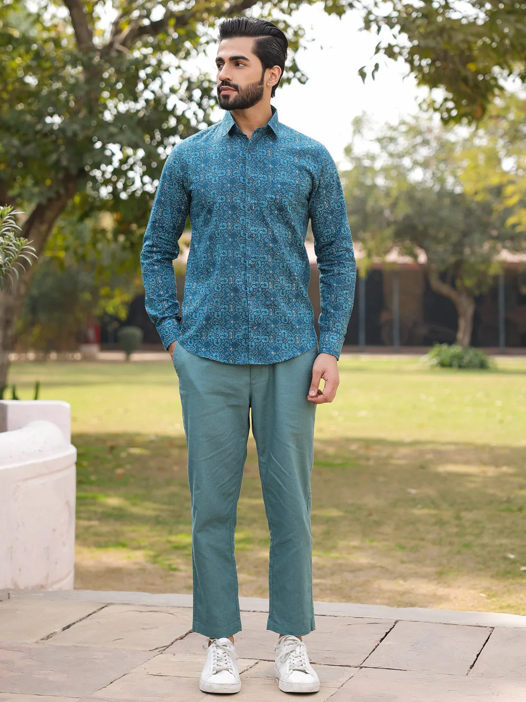 Men's Floral Print Pure Cotton Teal Casual Shirt