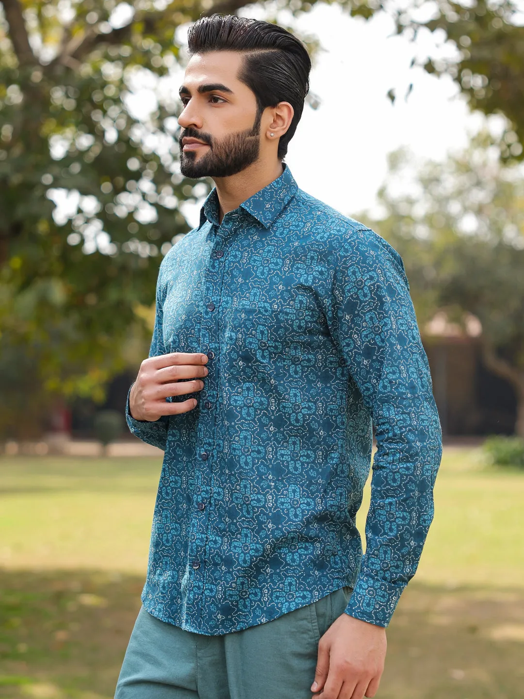 Men's Floral Print Pure Cotton Teal Casual Shirt