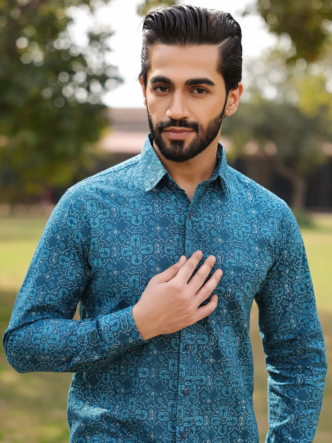 Men's Floral Print Pure Cotton Teal Casual Shirt