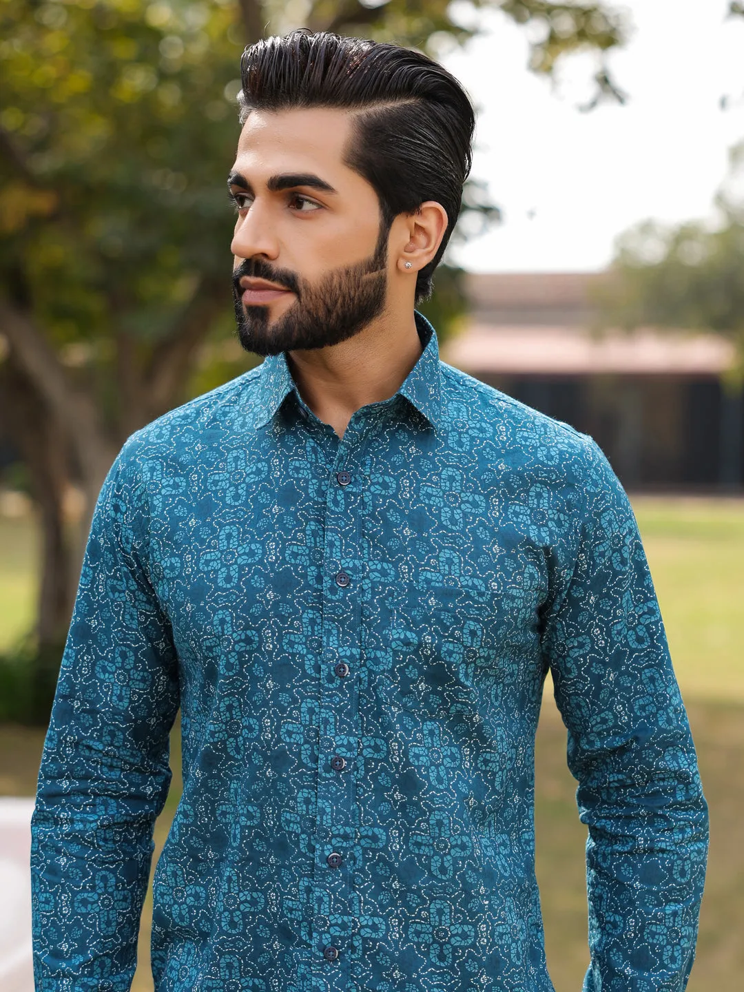 Men's Floral Print Pure Cotton Teal Casual Shirt