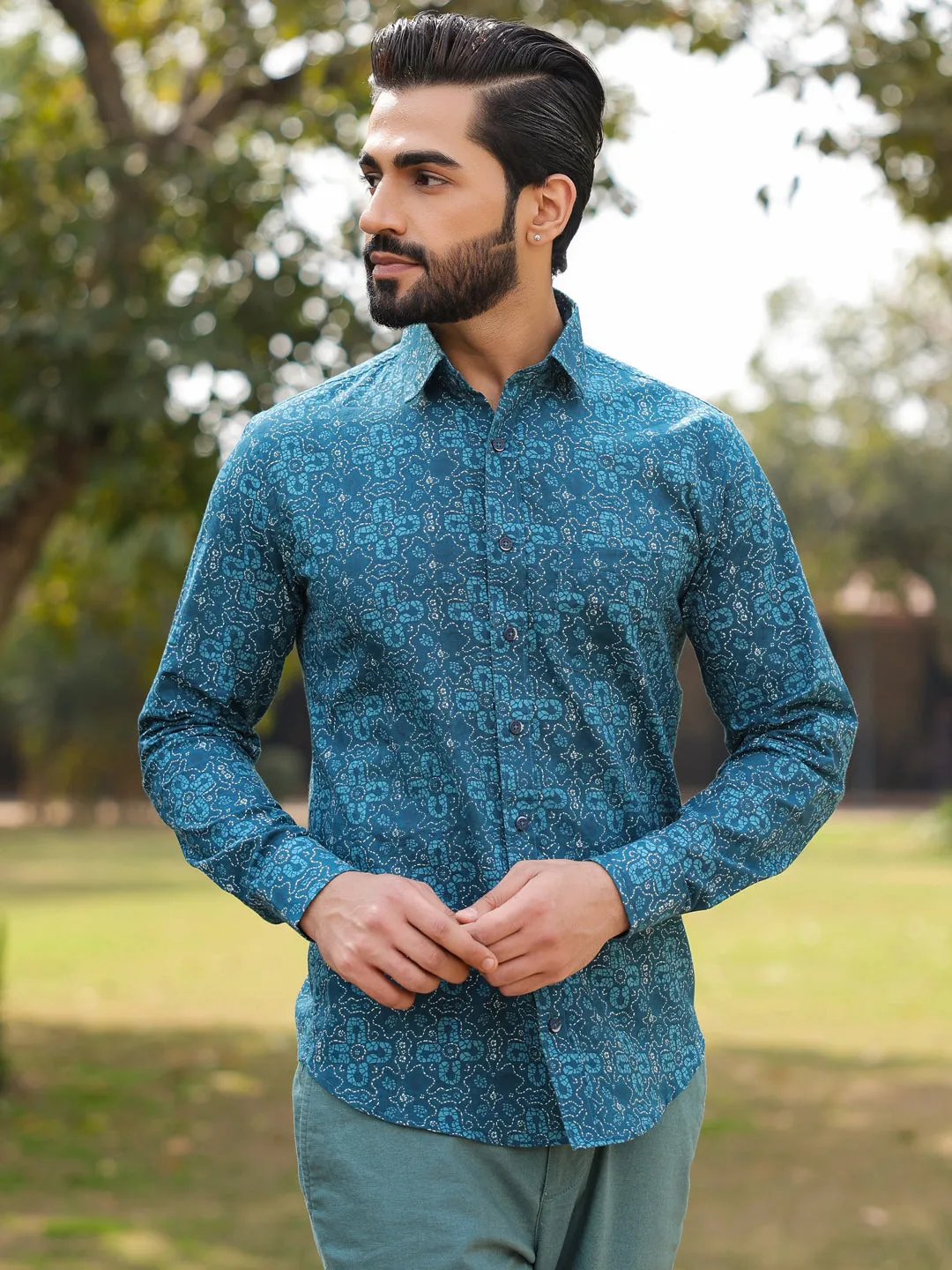 Men's Floral Print Pure Cotton Teal Casual Shirt