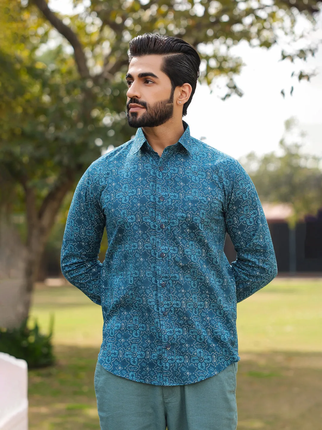 Men's Floral Print Pure Cotton Teal Casual Shirt