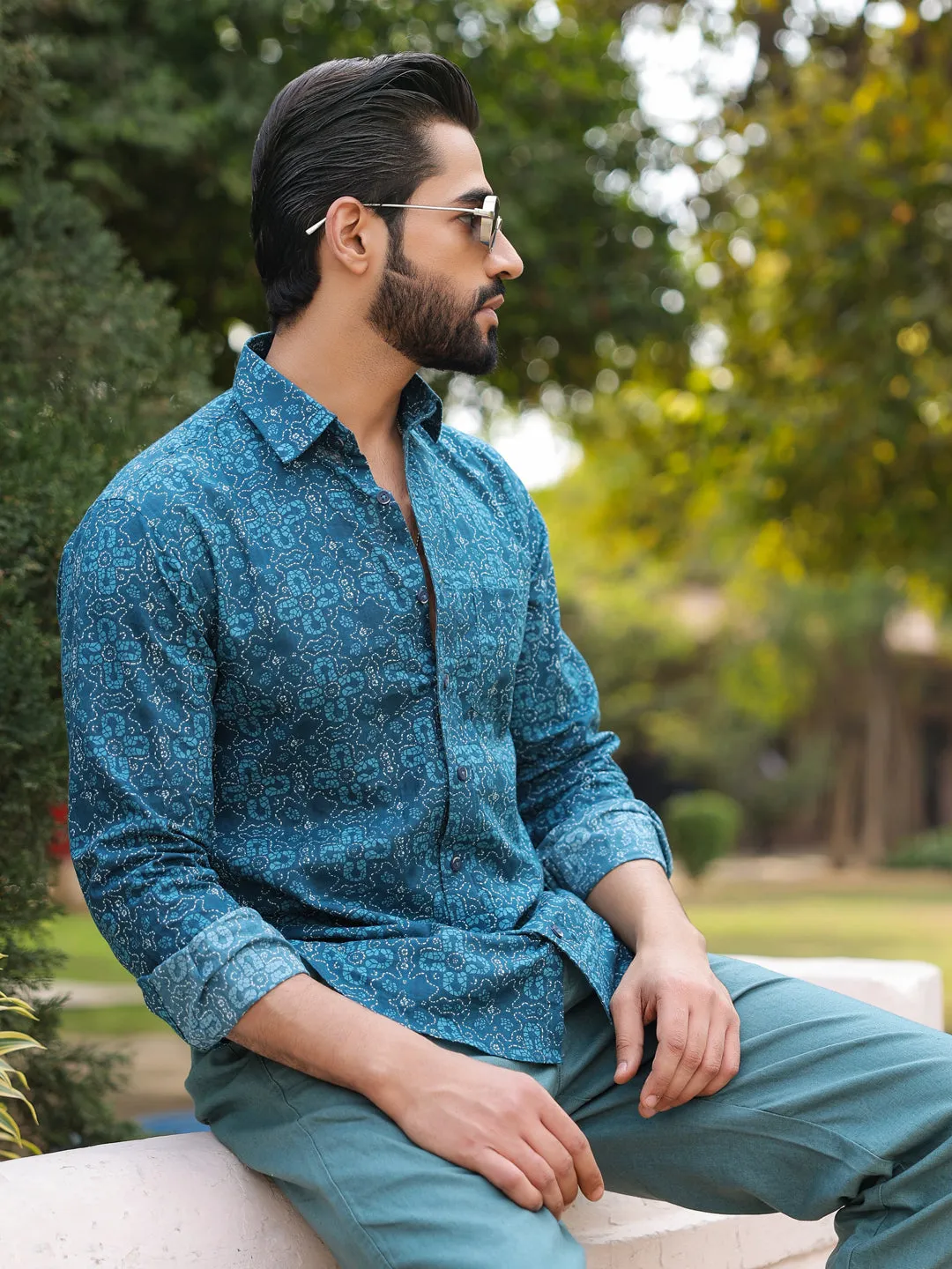 Men's Floral Print Pure Cotton Teal Casual Shirt