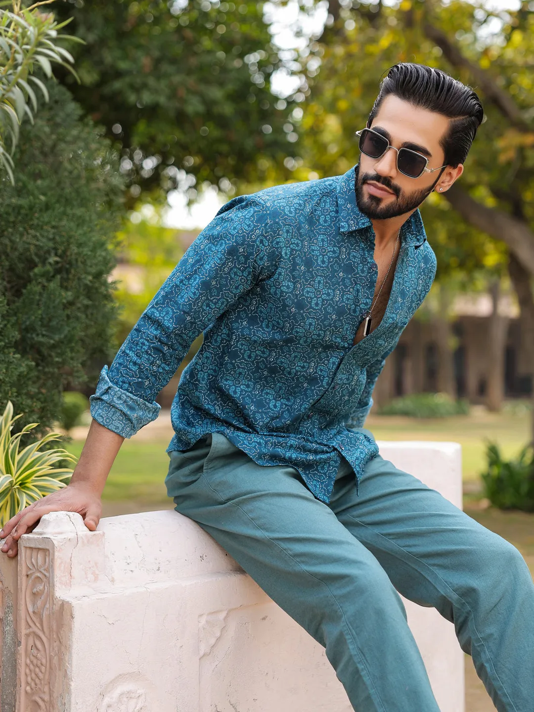 Men's Floral Print Pure Cotton Teal Casual Shirt