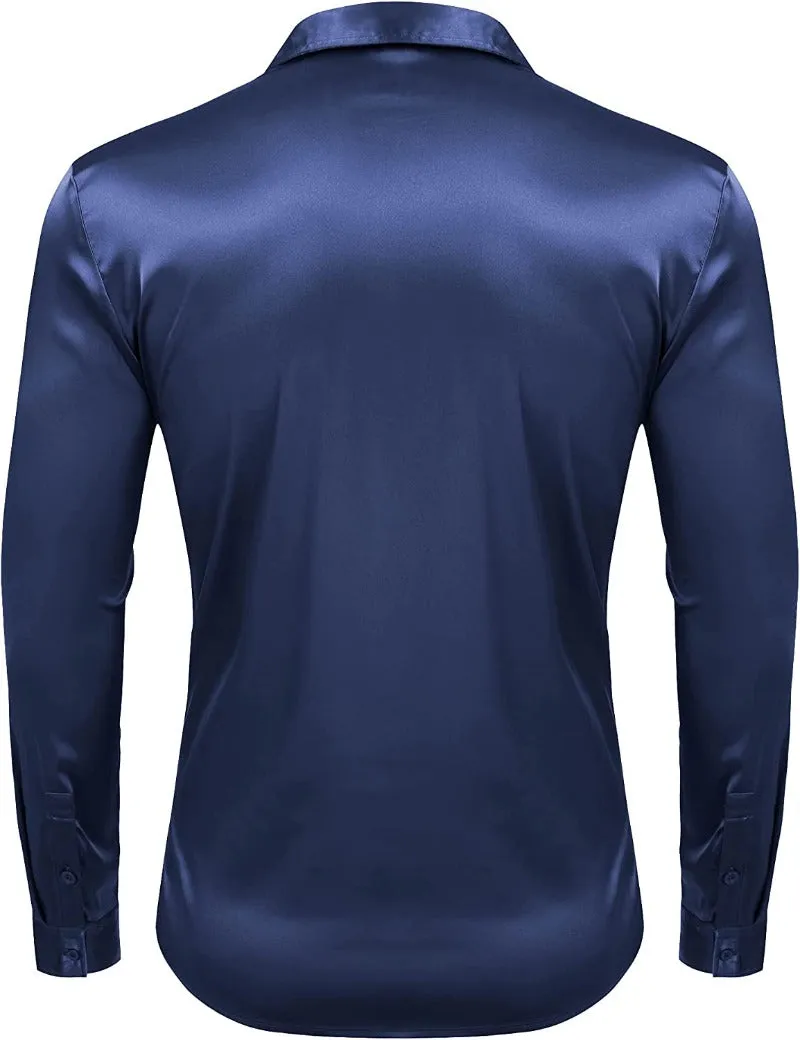 Men's Navy Blue Shiny Shirt Long Sleeves Slim Fit Satin Material