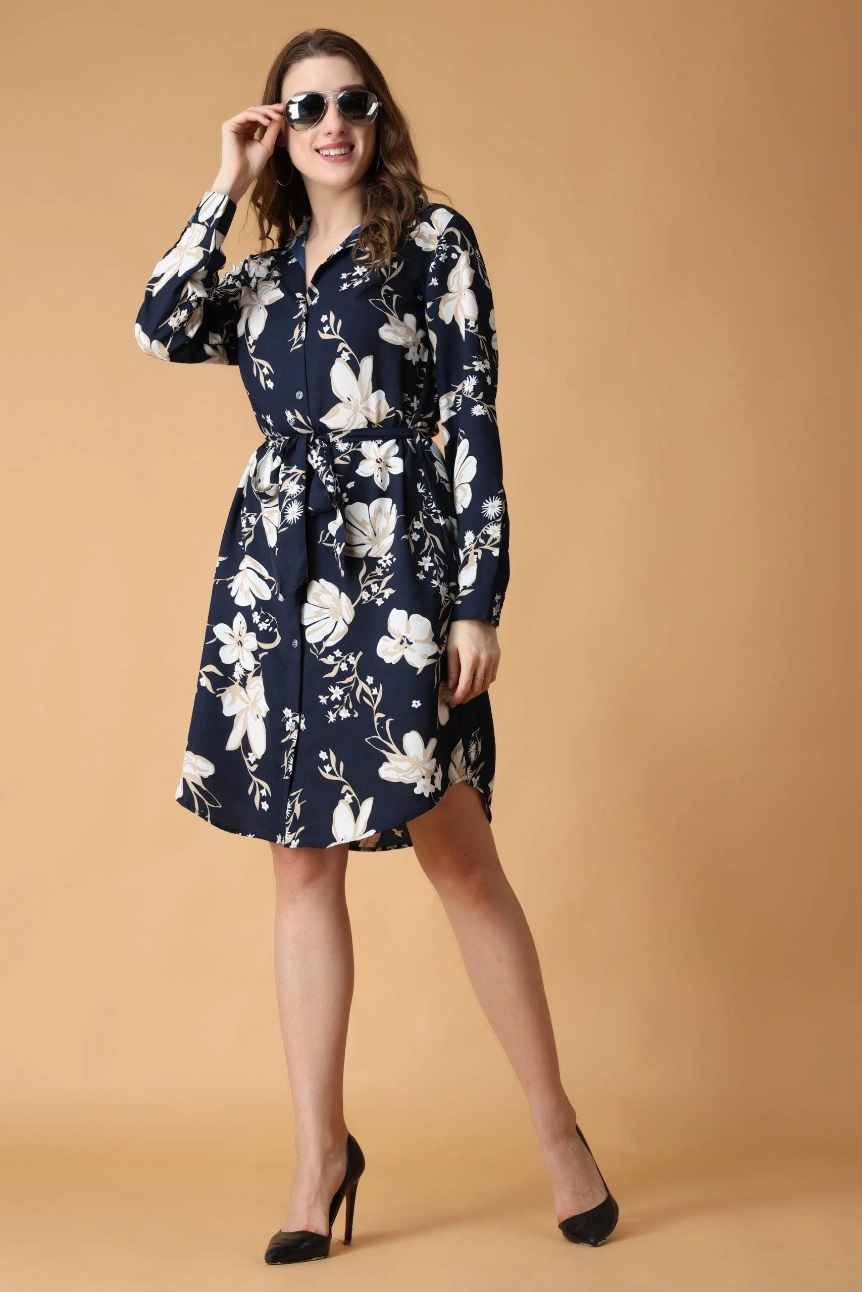 Navy Blue Floral Printed Buttoned Tie Up Dress