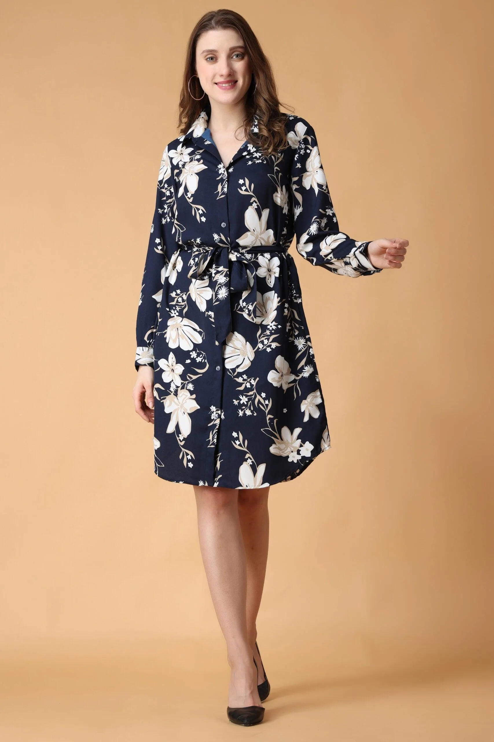 Navy Blue Floral Printed Buttoned Tie Up Dress