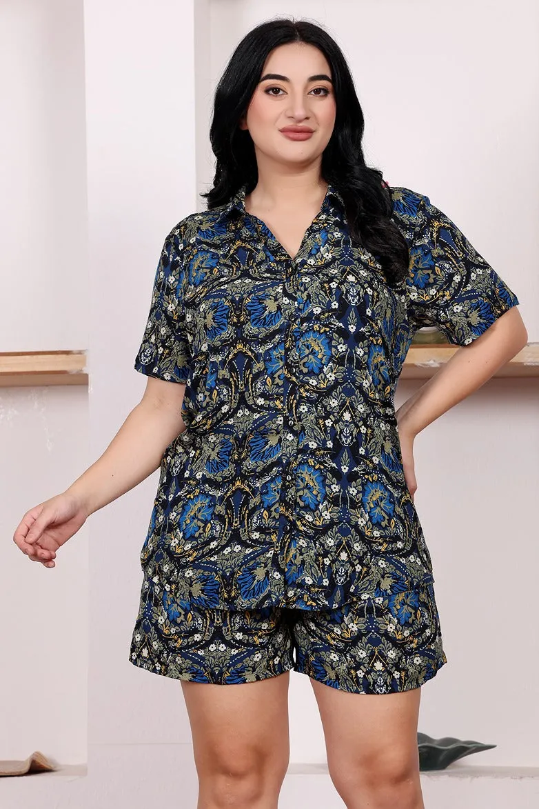 Navy Blue Floral Printed Night Suit Set