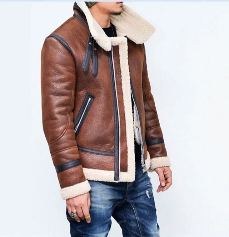 NEW Fashion Men Winter Tops Long Sleeve Fur Belt Faux Leather Jacket