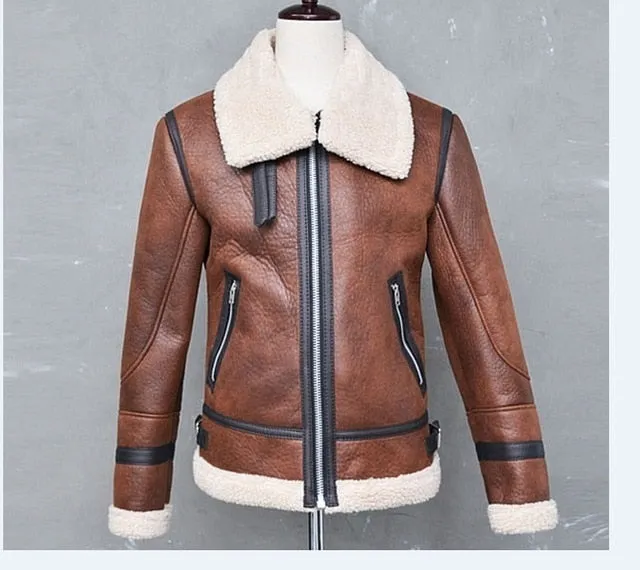 NEW Fashion Men Winter Tops Long Sleeve Fur Belt Faux Leather Jacket