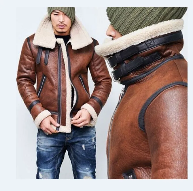 NEW Fashion Men Winter Tops Long Sleeve Fur Belt Faux Leather Jacket