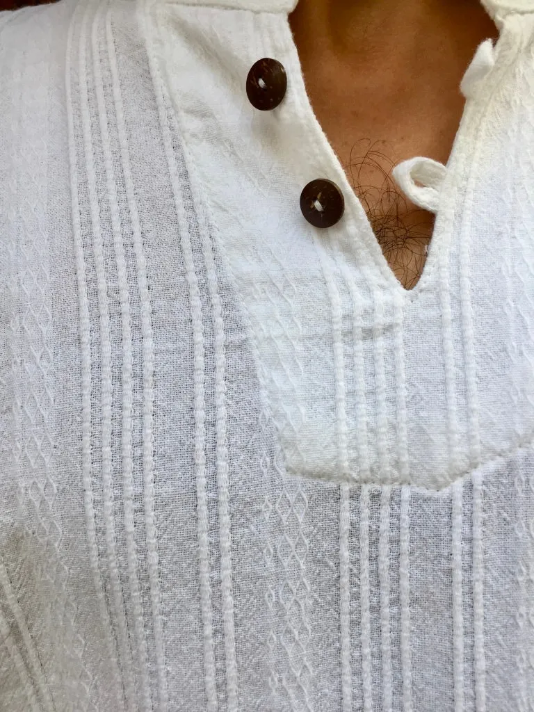 Short Sleeve Textured Cotton Shirt with Coconut Buttons