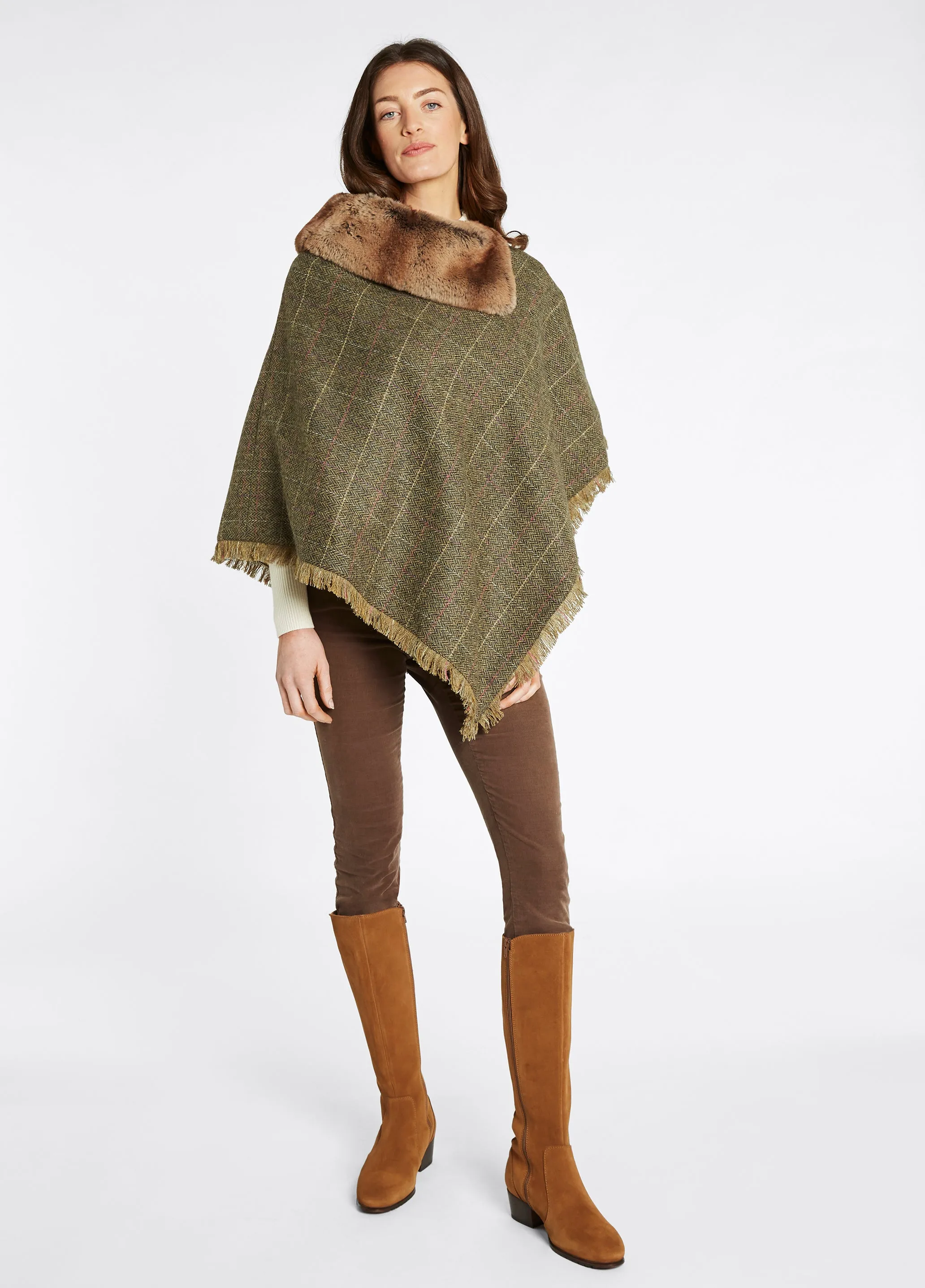 Silverfir Tweed Poncho m. kunstpels, Thistle