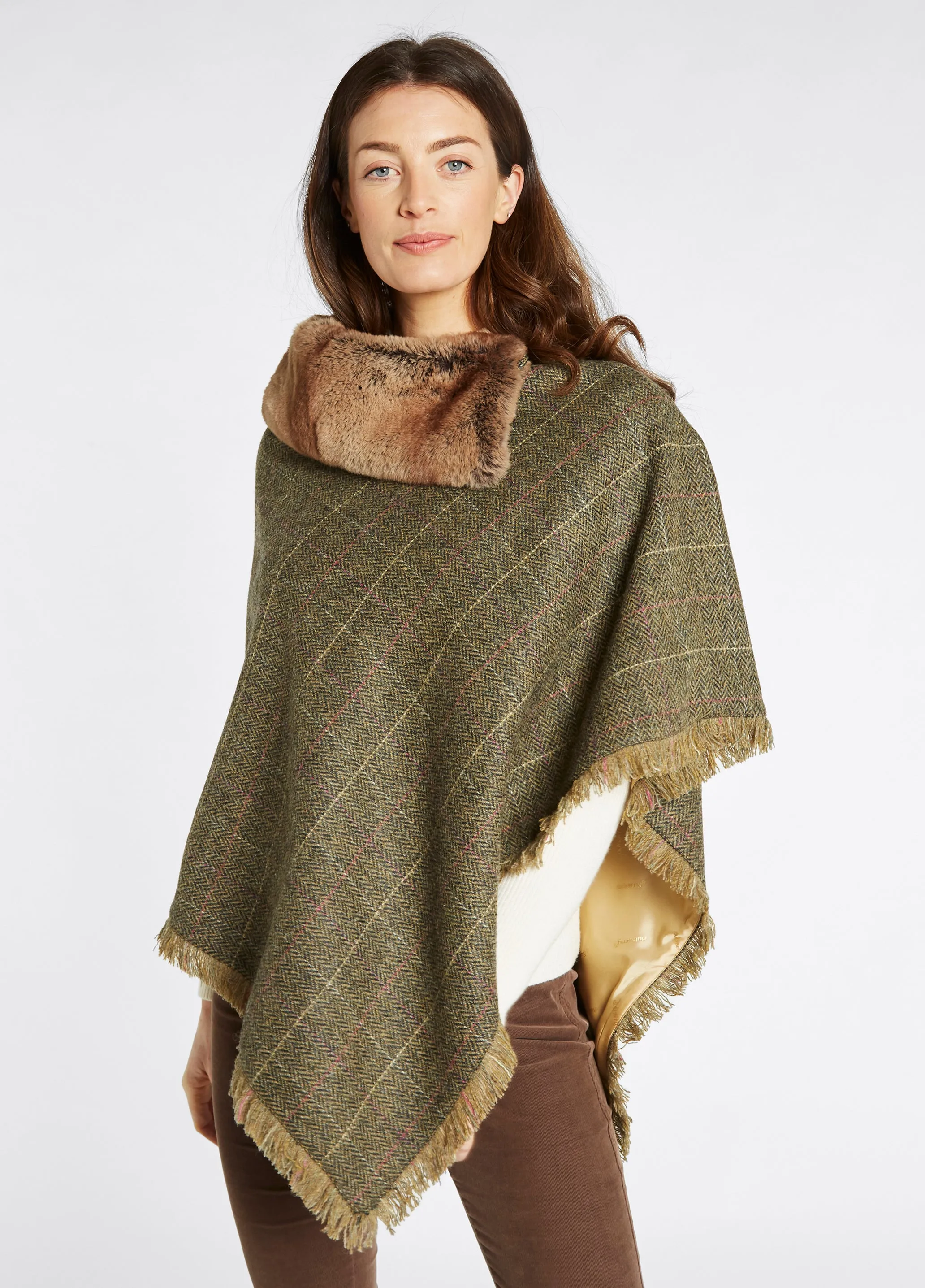 Silverfir Tweed Poncho m. kunstpels, Thistle