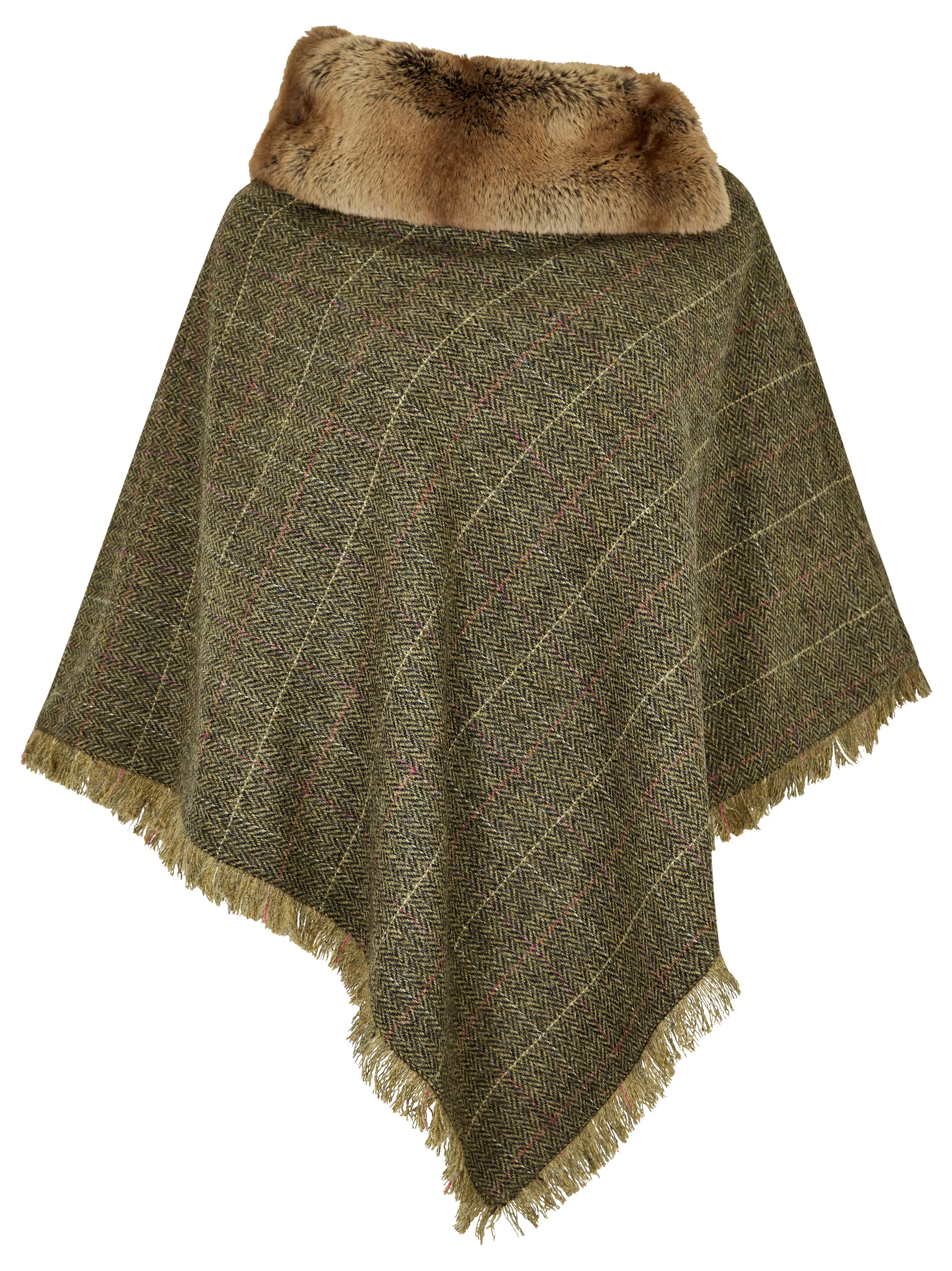 Silverfir Tweed Poncho m. kunstpels, Thistle