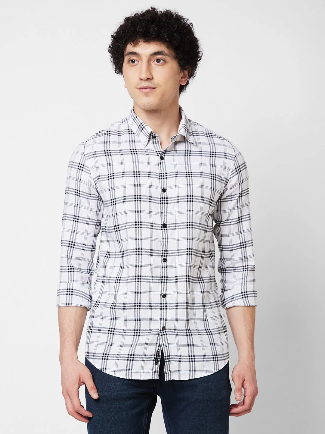 Spykar White CHECKED FULL SLEEVE Shirt For Men