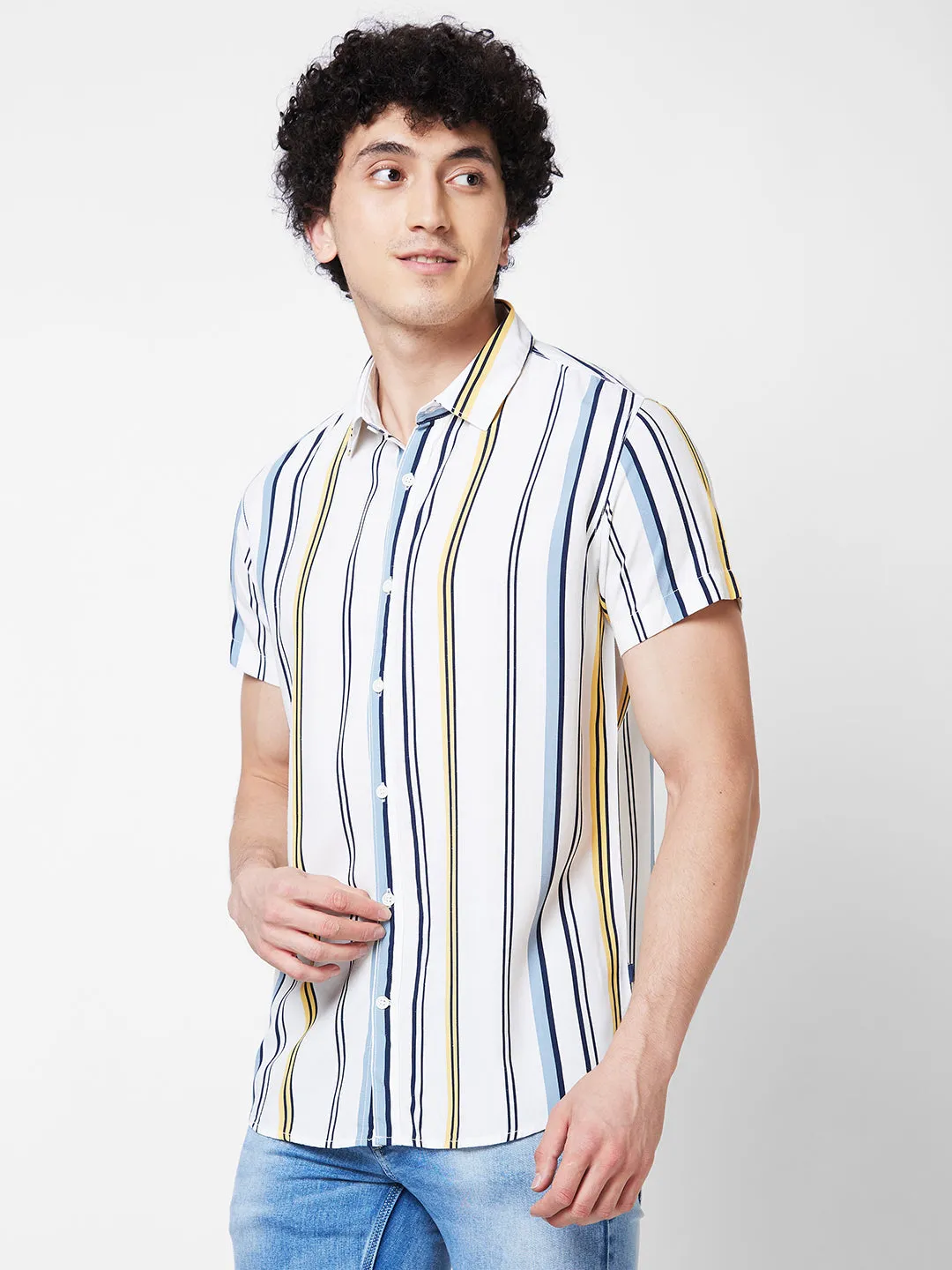 Spykar White STRIPED HALF SLEEVE Shirt For Men