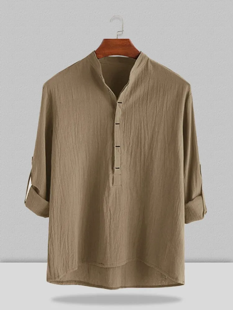 Stand Collar Cotton Linen Style Long Sleeve Shirt