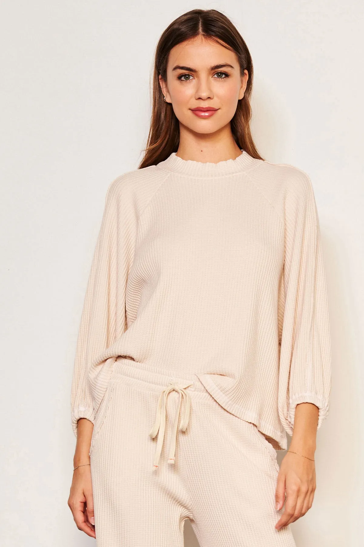 Sundry Thermal Mock Neck Dolman Shirt in Oyster