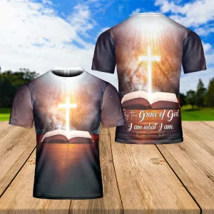 Teesdily | Jesus Christian Cross Bible Heaven Graphic 3D Tshirt Grace Of God I Am What I Am All Over Print Shirt Religious Gift Ideas