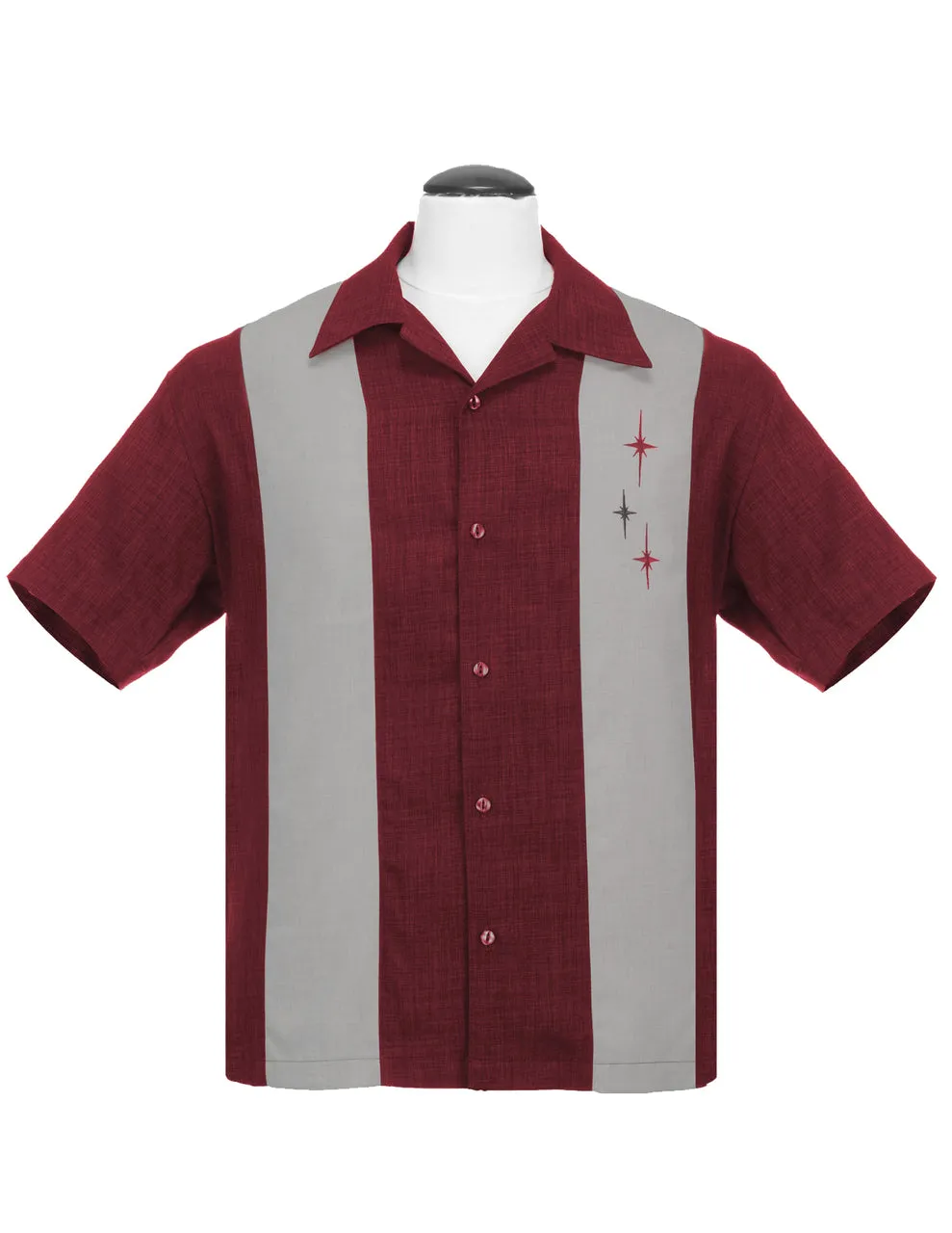 Three Star Panel Bowling Shirt in Burgundy