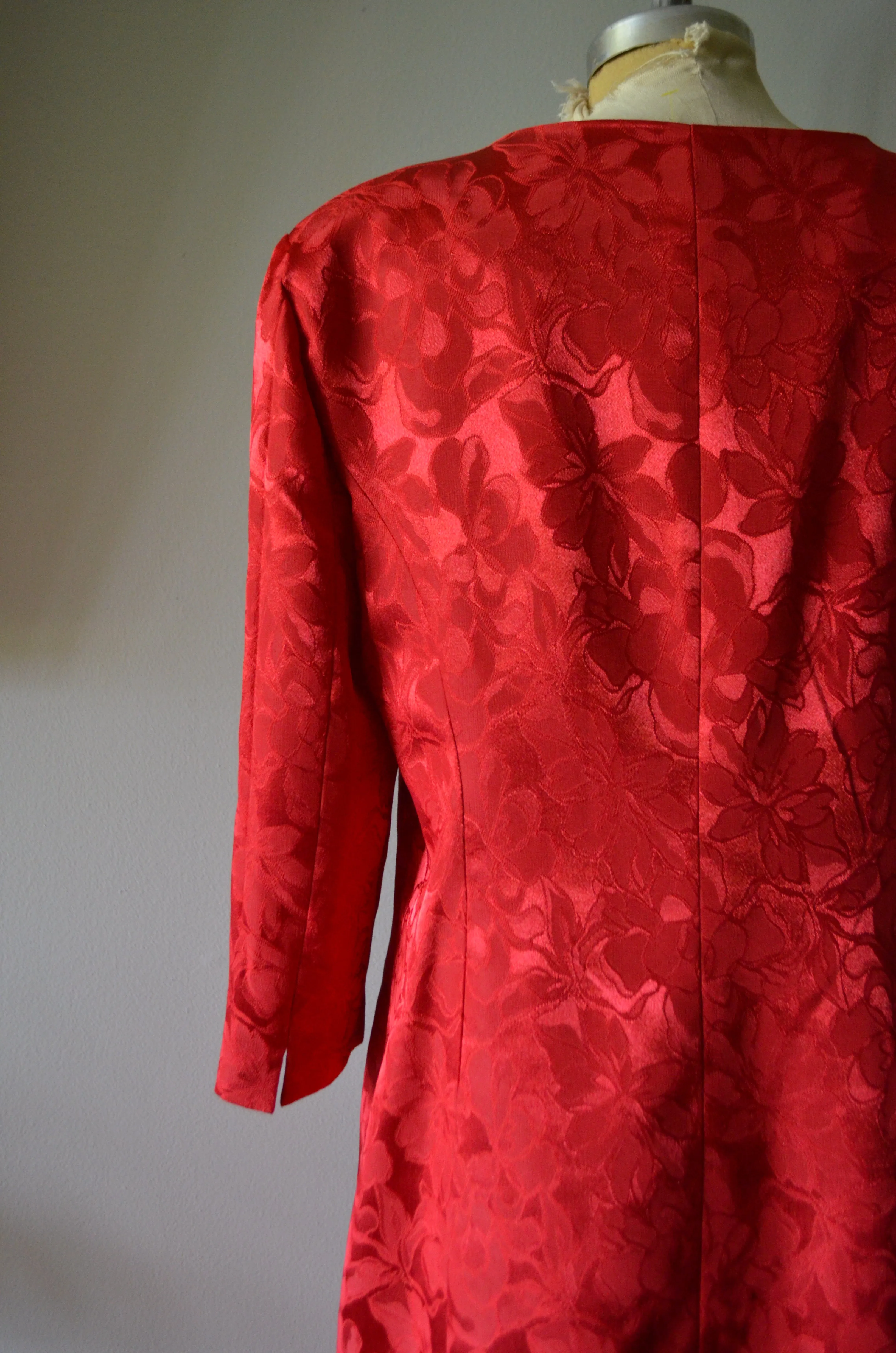 Vintage 1980s Red Lipstick Brocade Swing Coat One Size