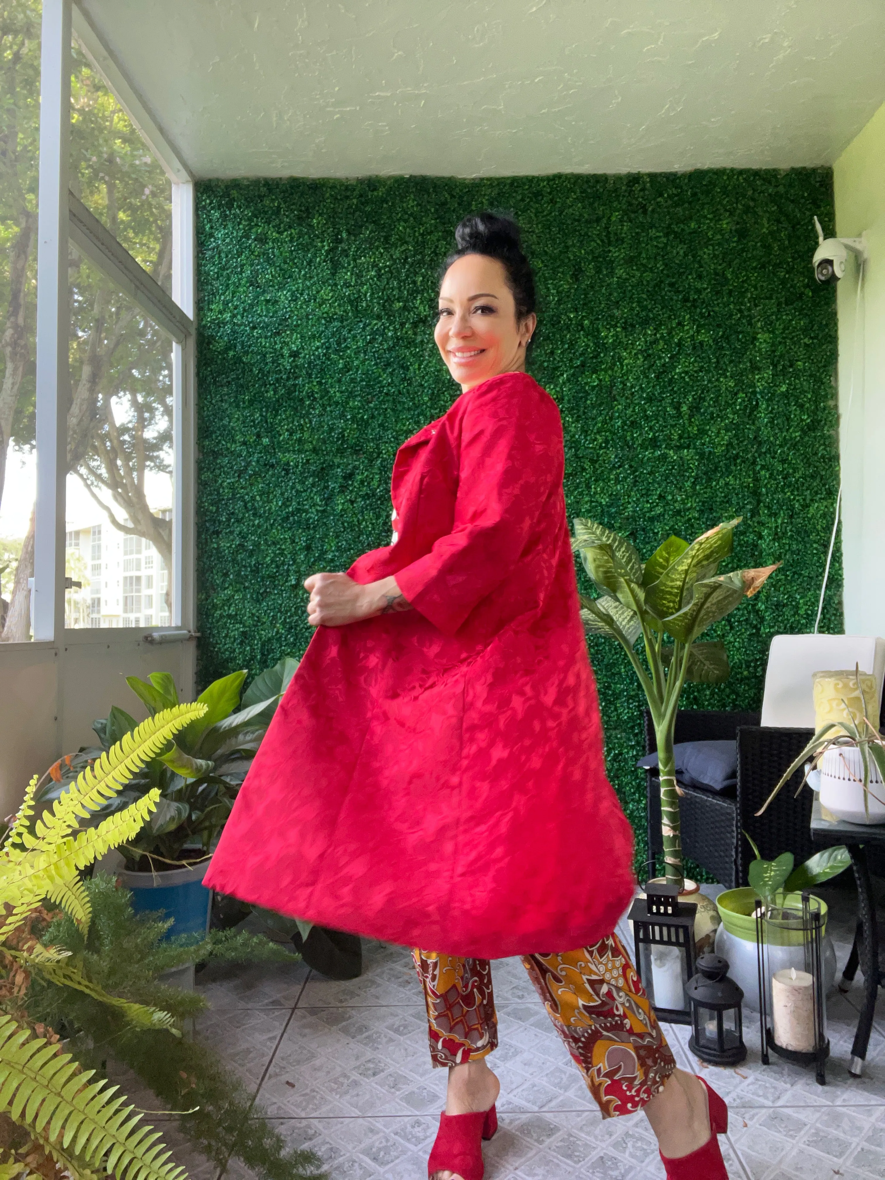 Vintage 1980s Red Lipstick Brocade Swing Coat One Size