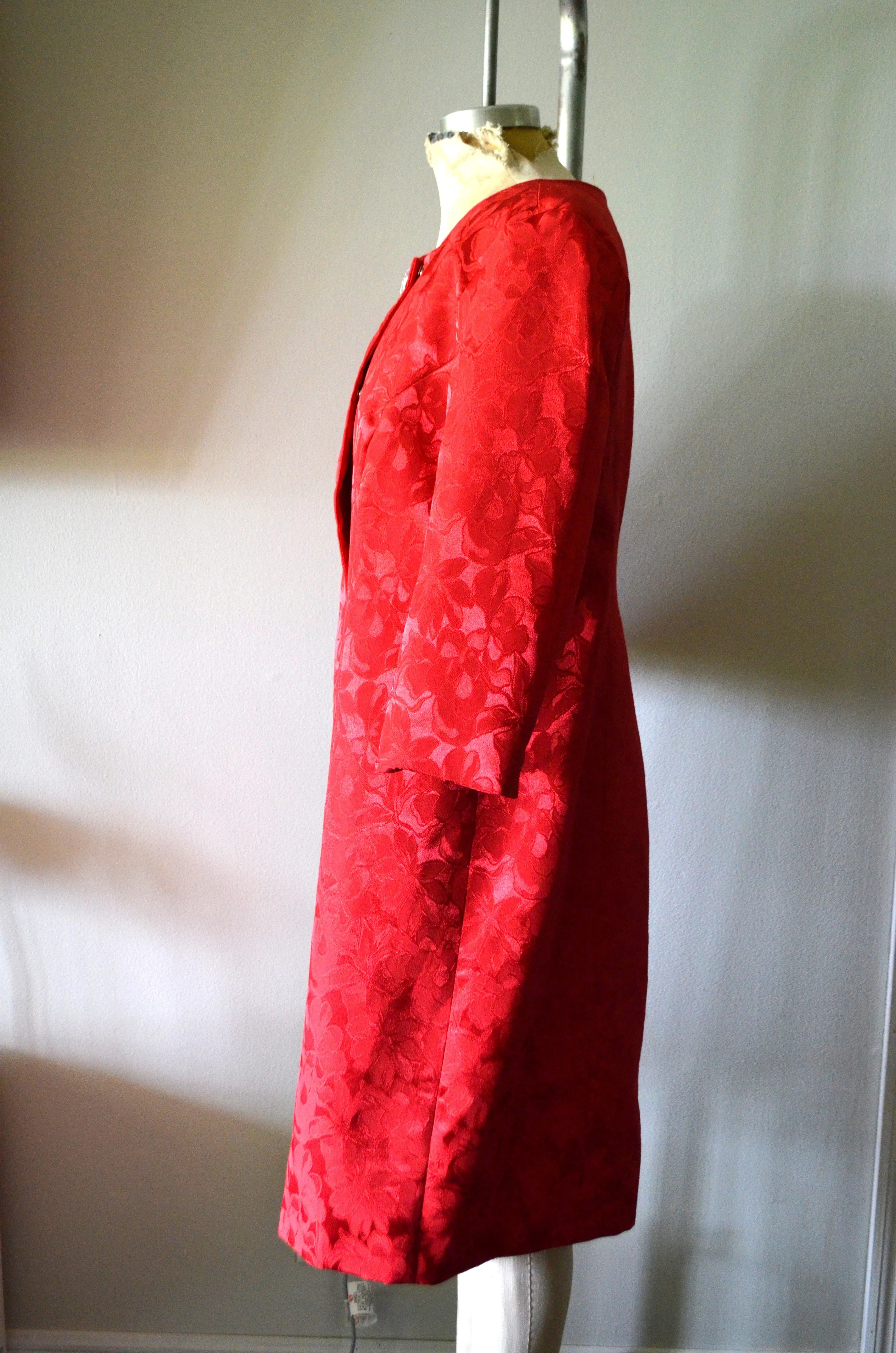 Vintage 1980s Red Lipstick Brocade Swing Coat One Size