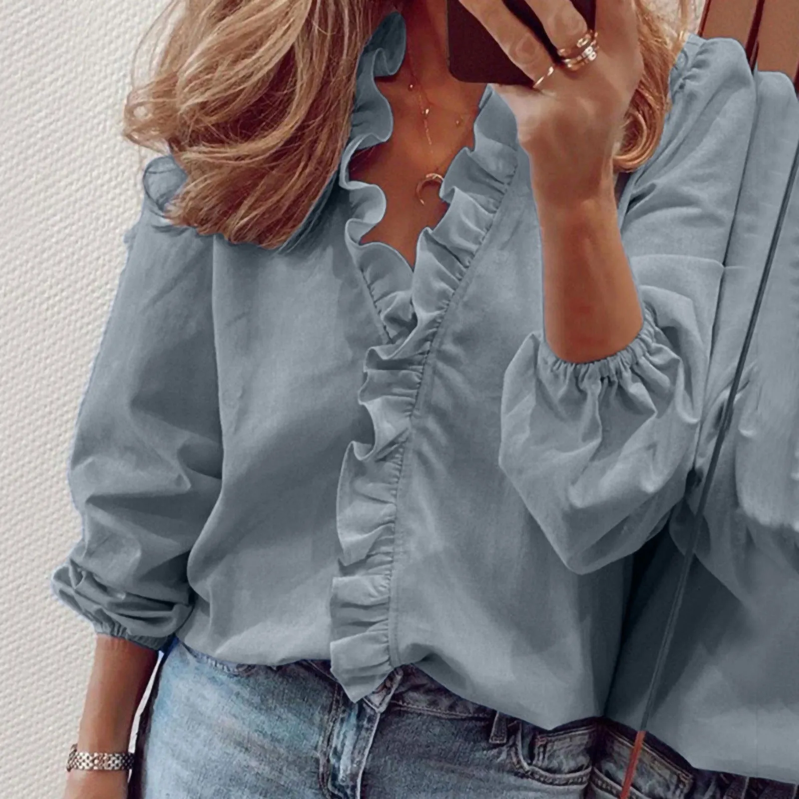 Woman Long Sleeve Ruffle Stand Collar Shirt