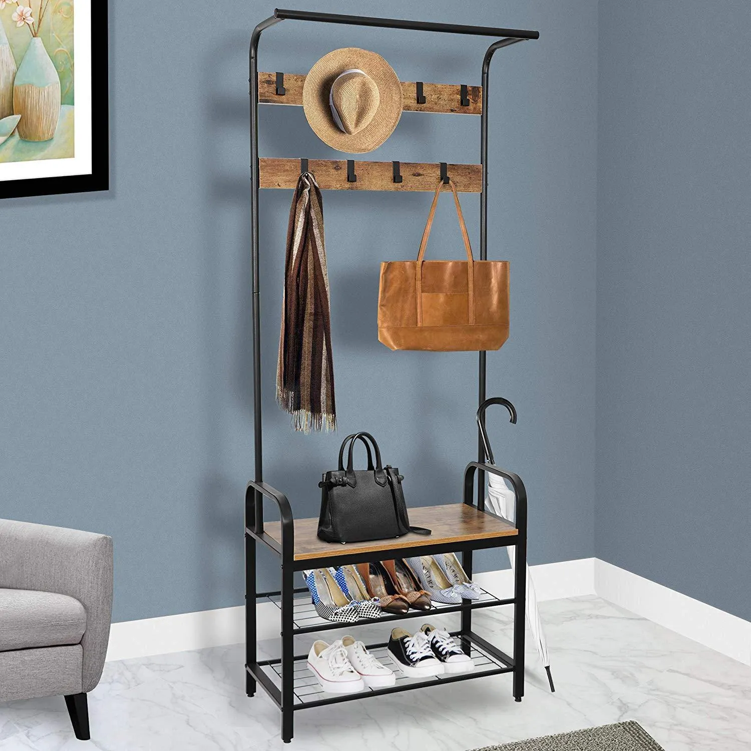 ZENY™ Industrial Coat Rack Shoe Bench, Hall Tree Entryway Storage Shelf