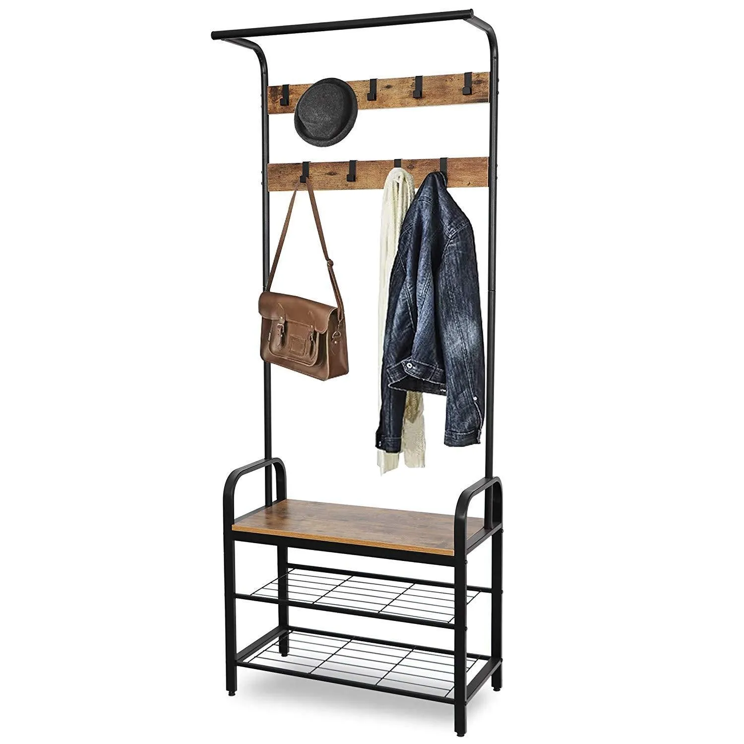 ZENY™ Industrial Coat Rack Shoe Bench, Hall Tree Entryway Storage Shelf