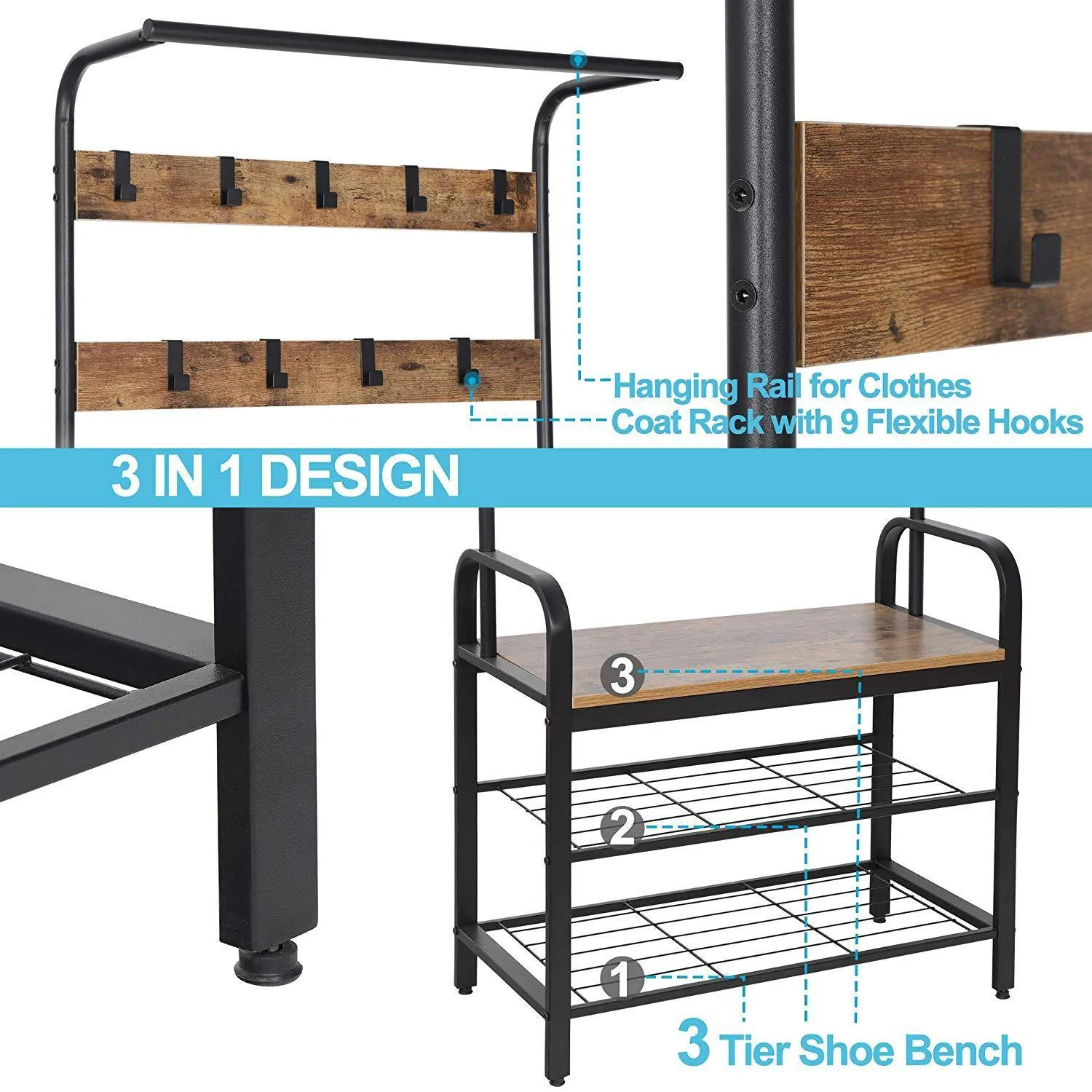 ZENY™ Industrial Coat Rack Shoe Bench, Hall Tree Entryway Storage Shelf