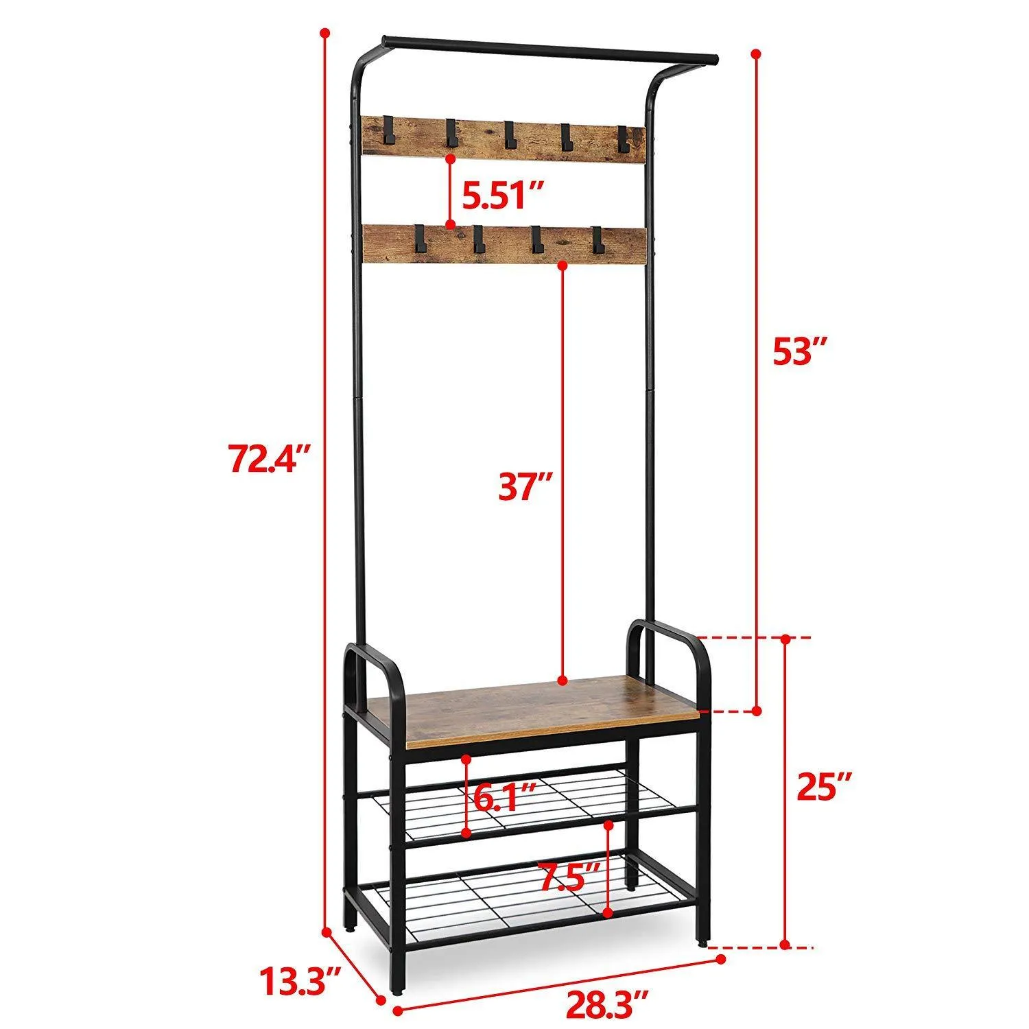 ZENY™ Industrial Coat Rack Shoe Bench, Hall Tree Entryway Storage Shelf